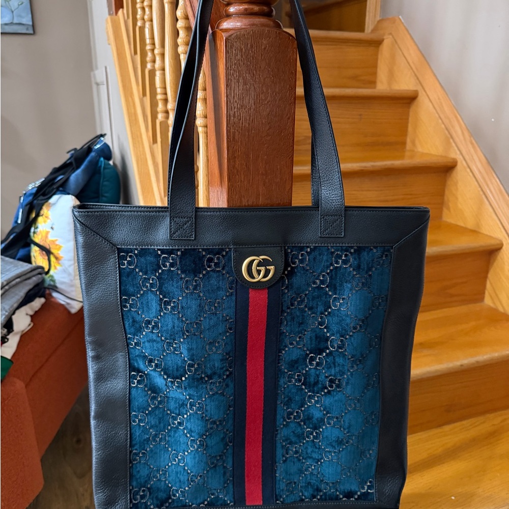 Gucci Black and Blue Tote with Red Stripe